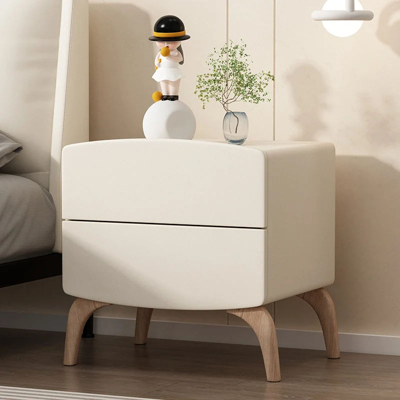 Modern Minimalist Rectangular Plywood Solid Wood Cat-Scratch-Resistant Leather Nightstand 2-Drawer For Bedroom