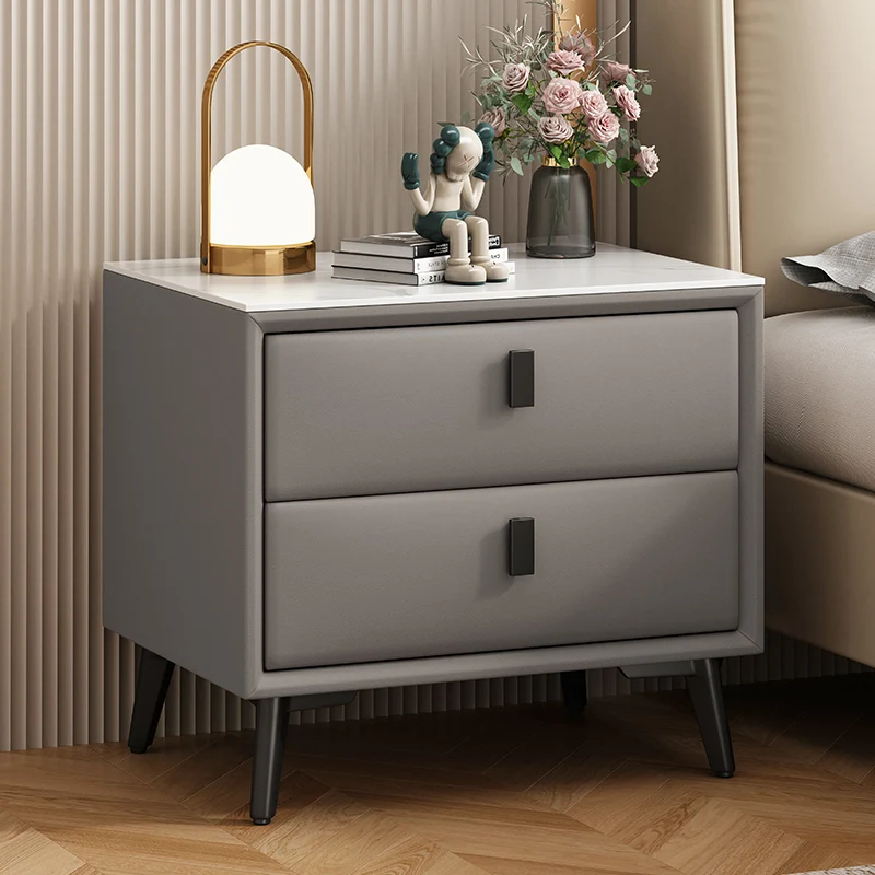 Modern Minimalist Rectangular Stone Slab Cat's Paw Leather Medium Density Fiberboard Pine Wood Carbon Steel Nightstand 2 -Drawer For Bedroom