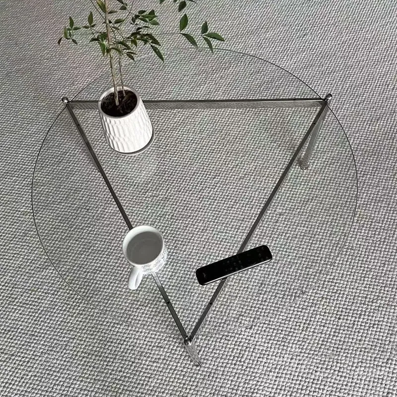 Modern Minimalist Round Triangle Tempered Glass Stainless Steel Coffee Table 1-Tier For Living Room