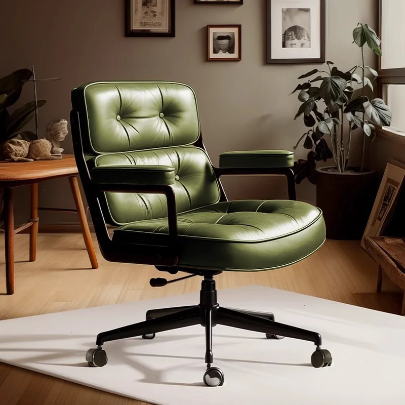Contemporary Scandinavian Rotatable Rectangular Metal PU & Genuine Leather Sponge Liftable Desk Chair Backrest Armrest For Home Office