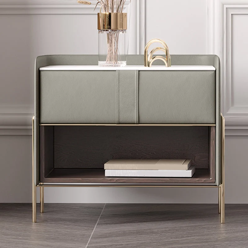 Modern 20 Inch H Nightstand Stone Top Open Storage Faux Leather Night Table