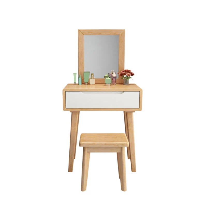 Scandinavian Solid Wood Vanity Dressing Table with Mirror, 30.7" Tall