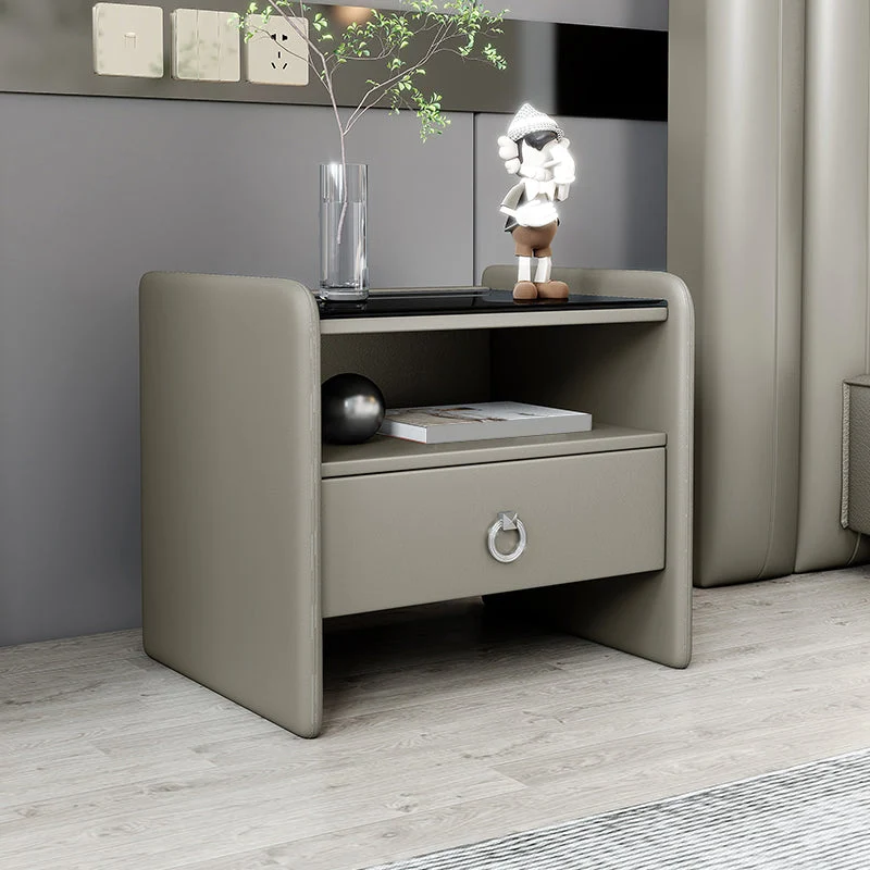 18" H Modern Bed Nightstand Glass Top Solid Wood Open Storage Night Table