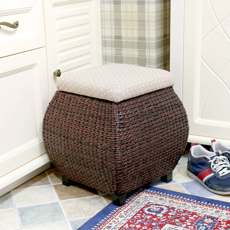 Traditional Farmhouse Fabric Wood Stainless Steel Paper Vine Reed Square Imitation Rattan Weaving Low Stool Armless For Entryways