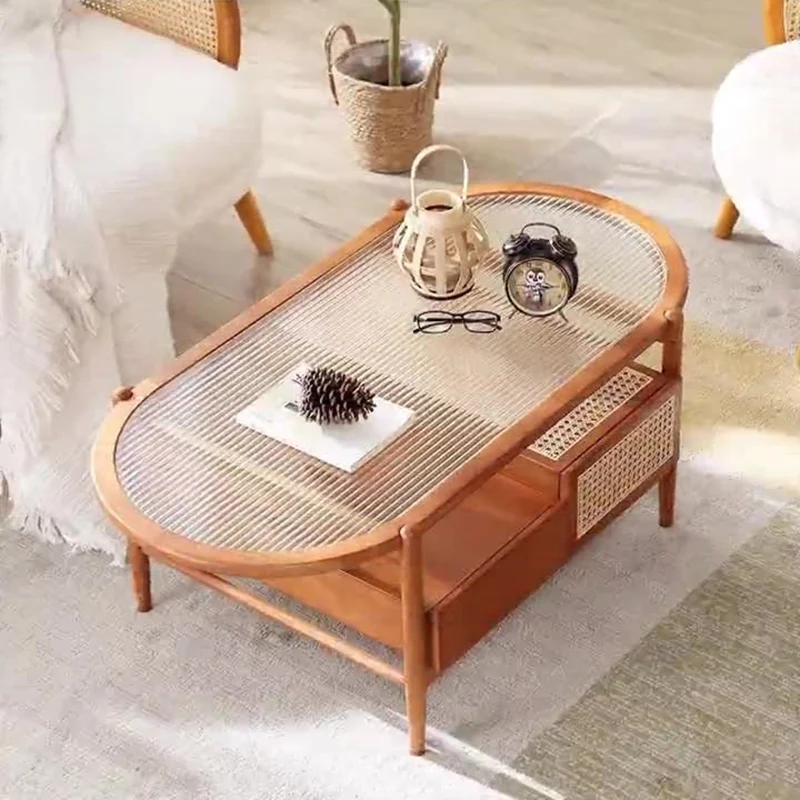 Traditional Rustic Oval Solid Wood Glass Rattan Weaving Coffee Table 4-Drawer For Living Room