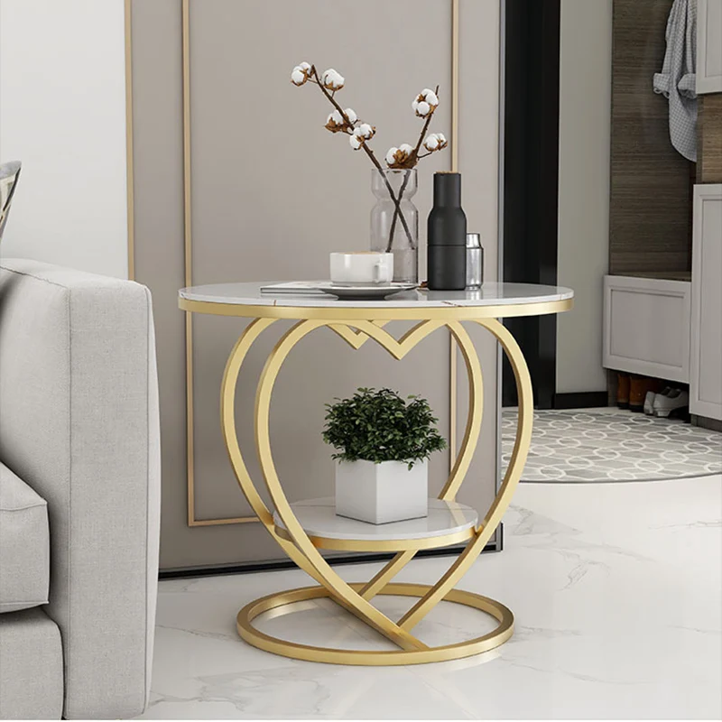 Contemporary Creative Round Heart Shaped Iron Rock Slab Side Table 2 - Tier For Living Room