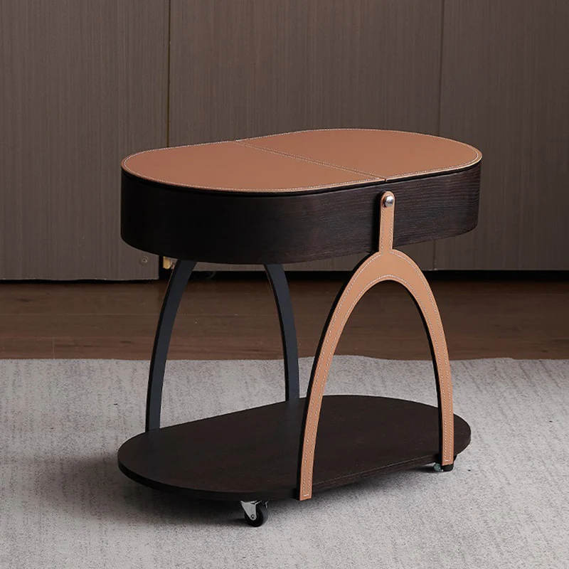 Traditional Vintage Movable Oval MDF Carbon Steel Saddle-Style Faux Leather Side Table 2-Tier For Living Room