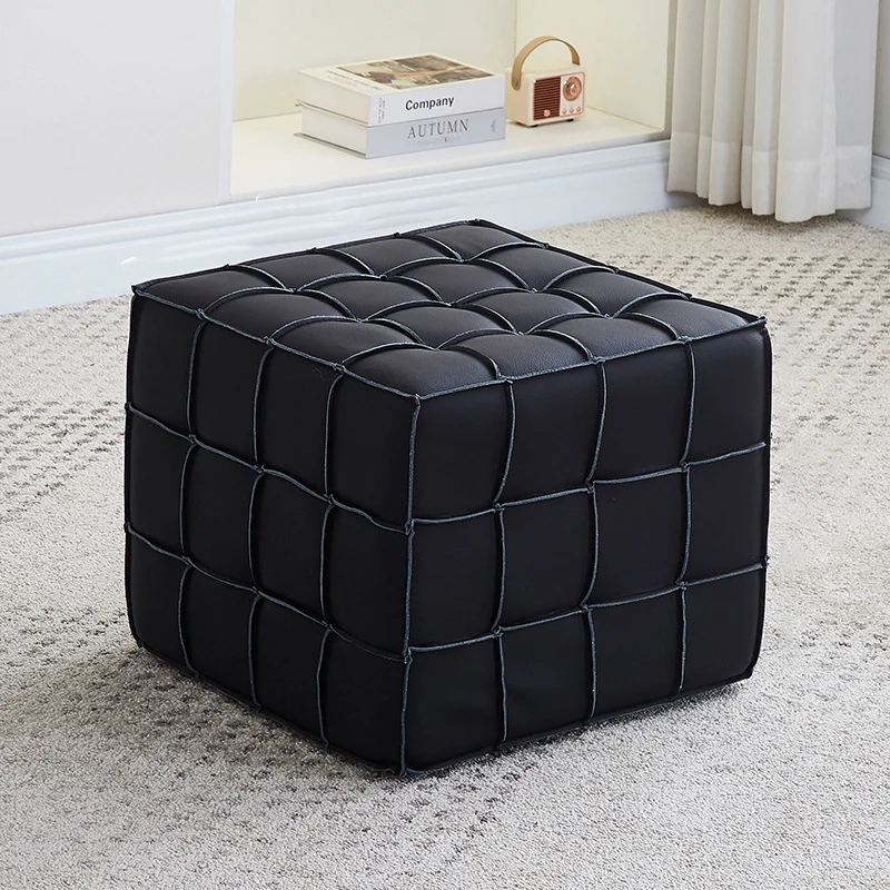 Modern Minimalist Cube Wood Board Faux Leather Sponge Footstool Backless Armless For Living Room