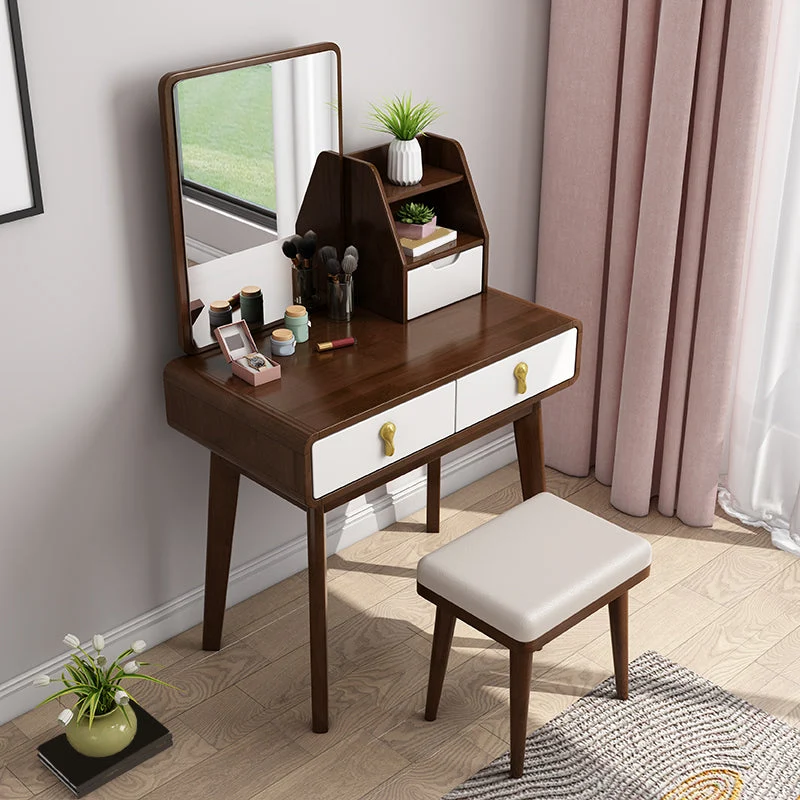 Solid Wood Dresser Scandinavian Vanity Set with Stool and Mirror
