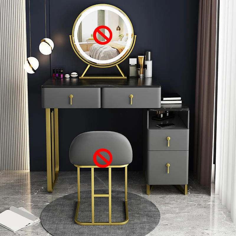 Gray Dressing Table Genuine Leather Vanity Table with Storage Drawers