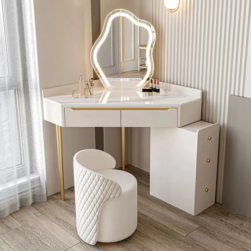 Slate Top Makeup Vanity Set with Drawers, Glam Makeup Vanity Desk Table