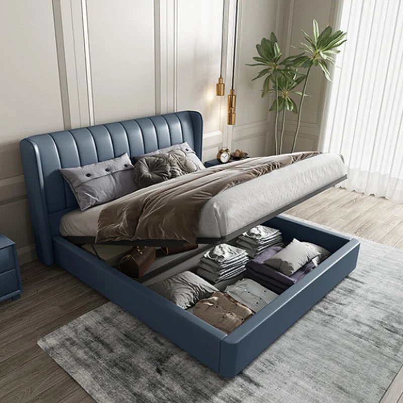 Contemporary Genuine Leather Wingback Upholstered Headboard Wingback Bed