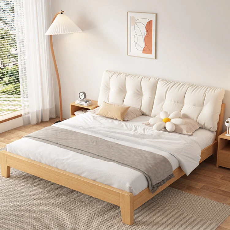 Contemporary Solid Wood Upholstered Headboard Rectangular Standard Bed, Light Not Included