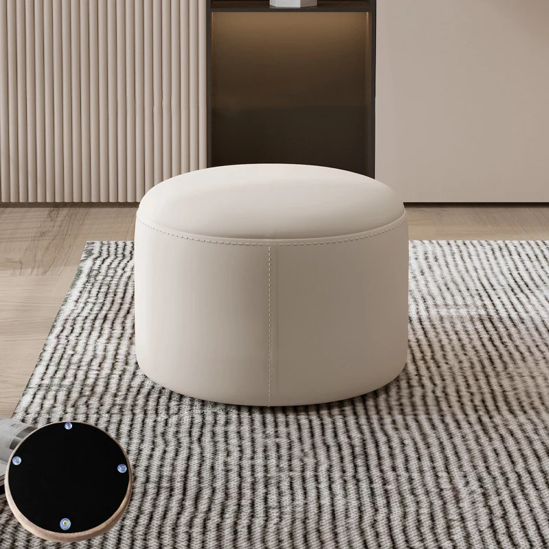 Contemporary Nordic Metal Rubber Wood Cat Scratch Leather Cylindrical Low Stool Backless Armless For Living Room