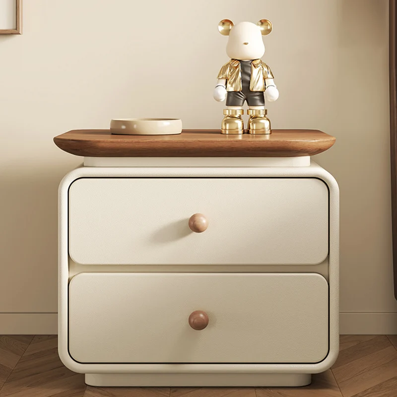 Modern Minimalist Solid Wood & Plywood Faux Leather Square Nightstand 2-Drawer For Bedroom