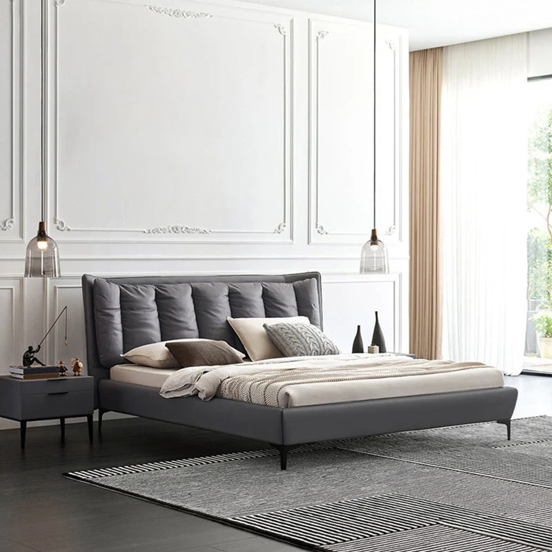 Solid Wood Panel Bed with Upholstered Headboard Gray Standard Bed