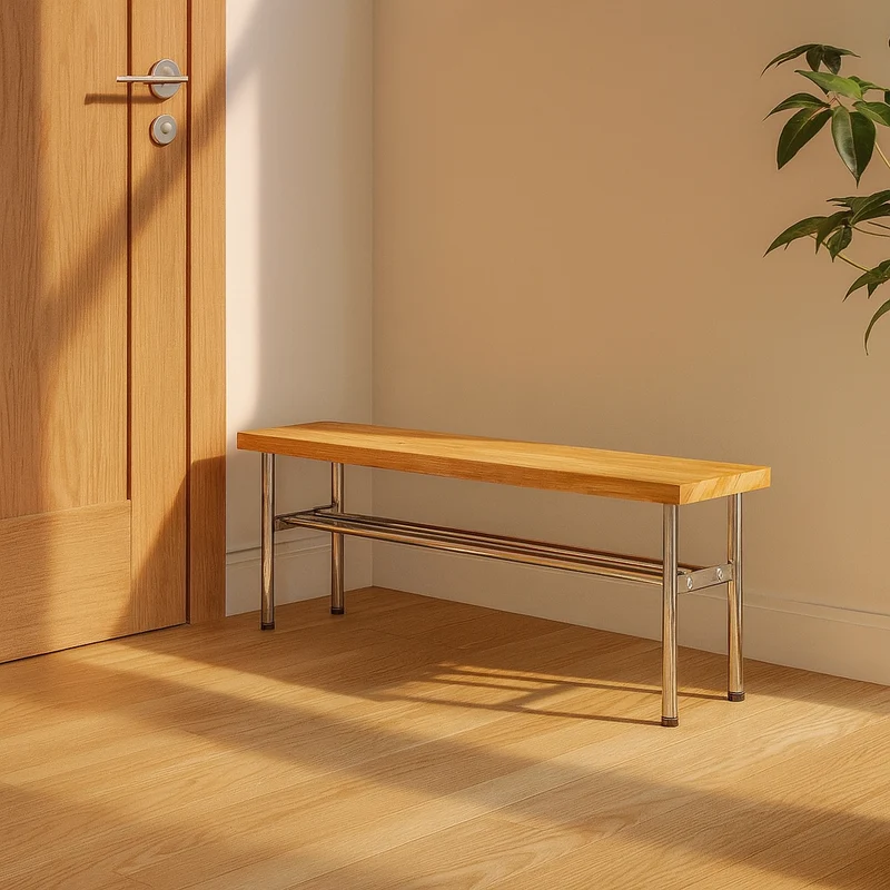 Traditional Vintage Rectangular Stainless Steel Rubberwood Bench Backless Armless For Hallway