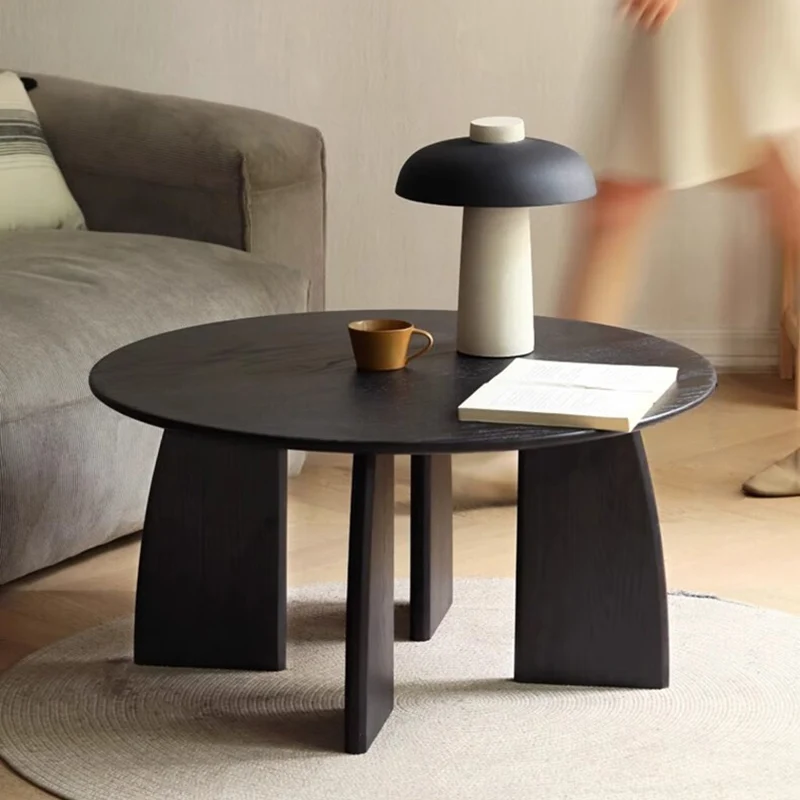 Traditional Japanese Zen Pine Wood Round Top Coffee Table 1-Tier For Living Room