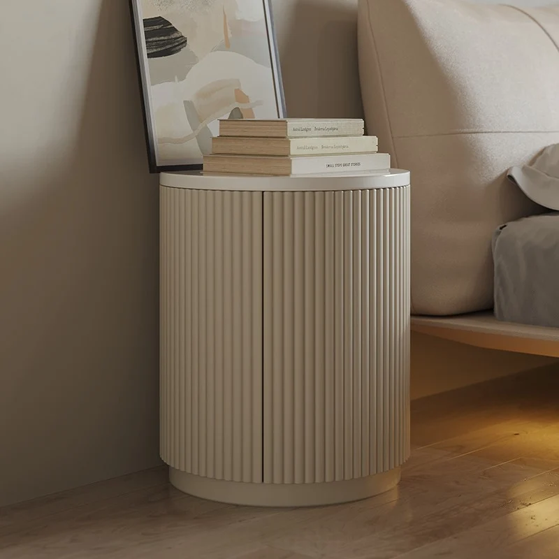 Modern Minimalist Cylinder Stripe Stone Slab Carbon Steel Metal Nightstand 1-Cabinet For Bedroom