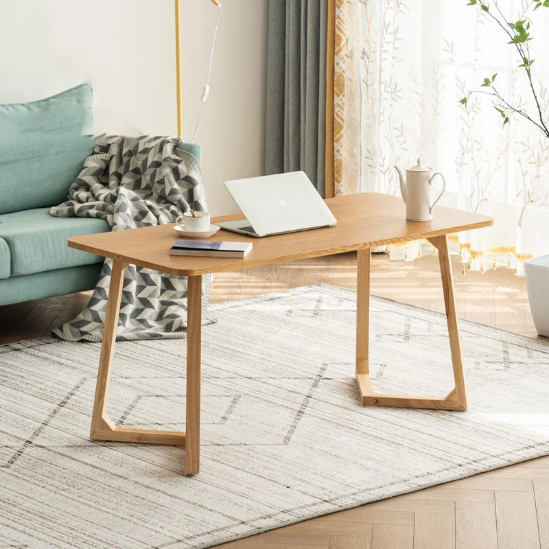 Modern Minimalist Rectangular Oval Faux Panel Solid Wood Coffee Table For Living Room