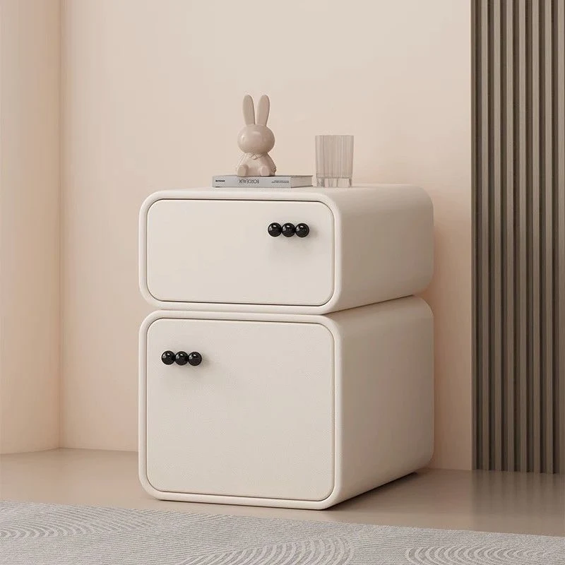 Contemporary Nordic Cream Rectangular Round Corner Microfiber Leather Rock Slab Nightstand 2-Drawer For Bedroom