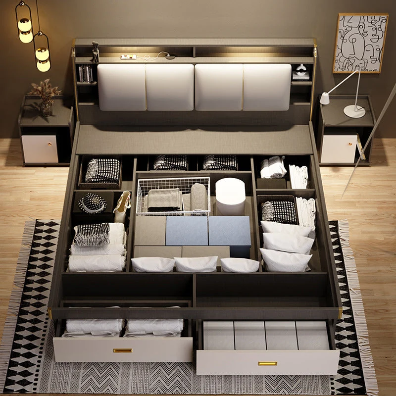 Contemporary Wood Bed Frame Solid Color Standard Bed with Lift Up Storage