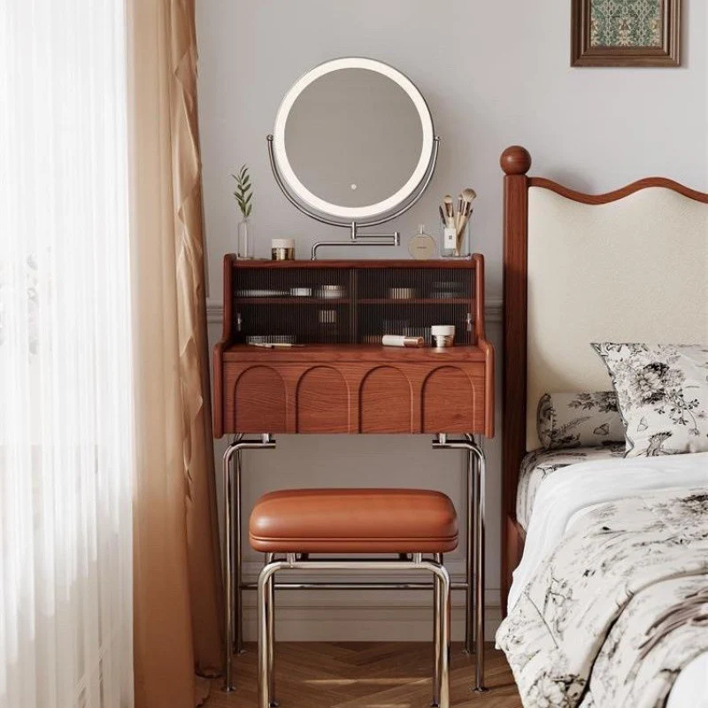 Traditional Vintage Rectangle Pine Wood Glass Iron Plywood Mirror Makeup Vanity 1-Drawer For Bedroom