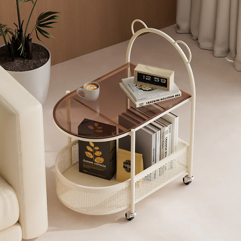 Modern Eclectic Oval Glass Carbon Steel Side Table 1-Shelf For Living Room