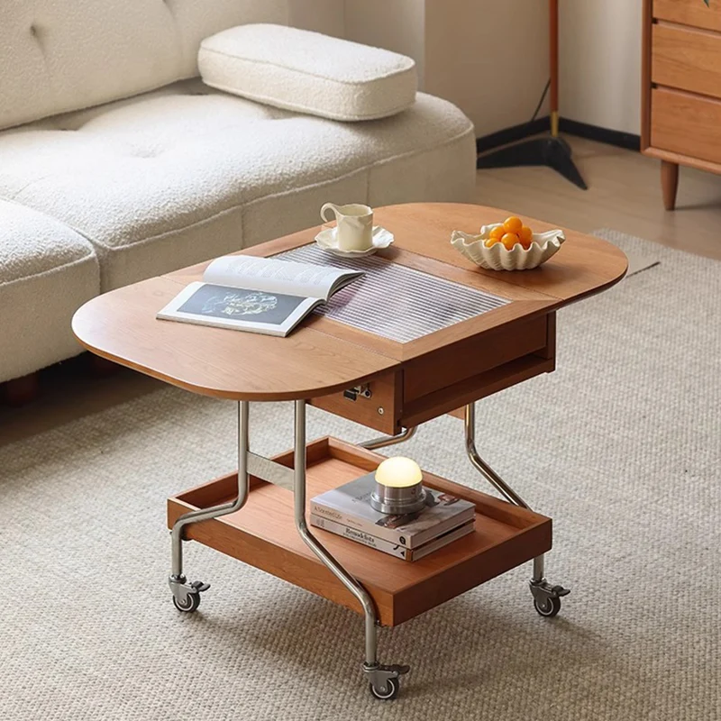 Modern Minimalist Removable Foldable Rectangular Oval Stainless Steel Cherry Wood Glass Coffee Table 2-Drawer For Living Room