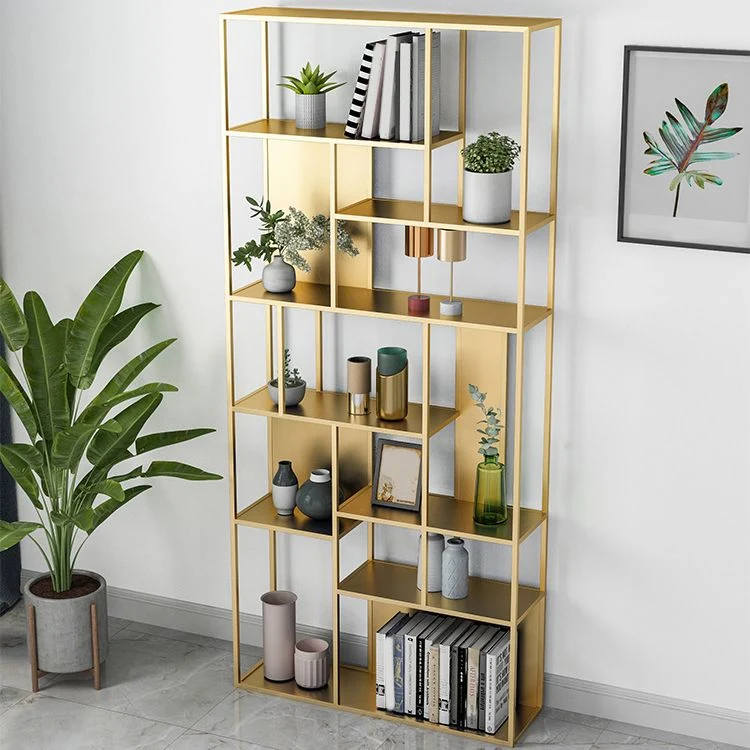Metal and Wood Shelf Open Etagere Shelf Bookcase for Bedroom