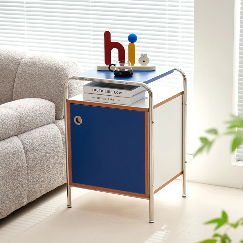 Contemporary Nordic Rectangular Wood Plate Stainless Steel Nightstand 1-Cabinet For Bedroom