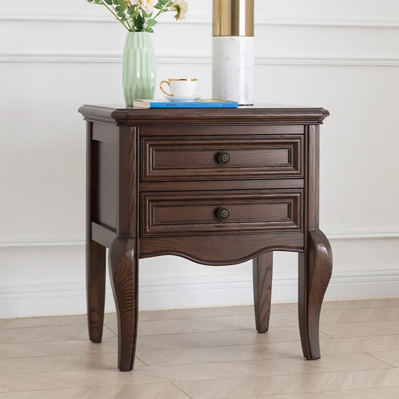 Contemporary Retro Solid Wood Zinc Alloy Rectangular Nightstand 2-Drawer For Bedside