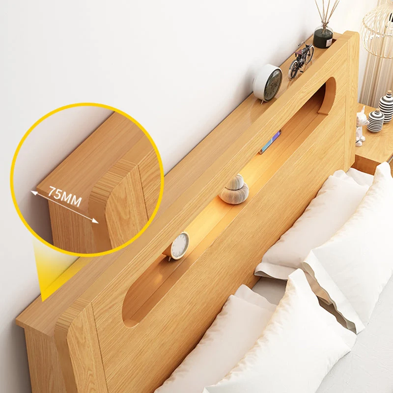 Solid Wood Beveled Standard Bed Storage Headboard Bed with Shelves