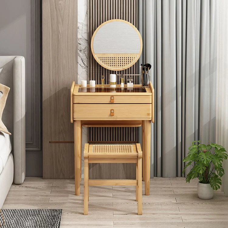 Mid-Century Modern Wood Vanity Makeup Table Vanity Mirrorl with Drawers for Bedroom