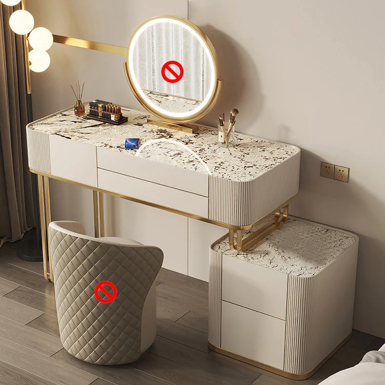 Minimalism Glass Vanity Table with Mirror & Stool 5 Drawers Beige Dressing Table