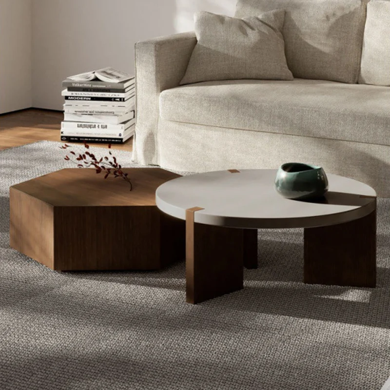 Modern Minimalist Plate Wood Round Hexagon Coffee Table 2-Drawer For Living Room