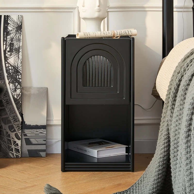 Traditional French Striped Glass Solid Wood Panel Arch Door Square Nightstand 1-Drawer For Bedside