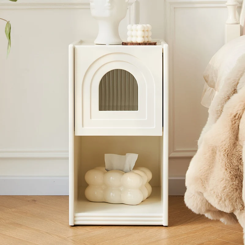 Traditional French Striped Glass Solid Wood Panel Arch Door Square Nightstand 1-Drawer For Bedside