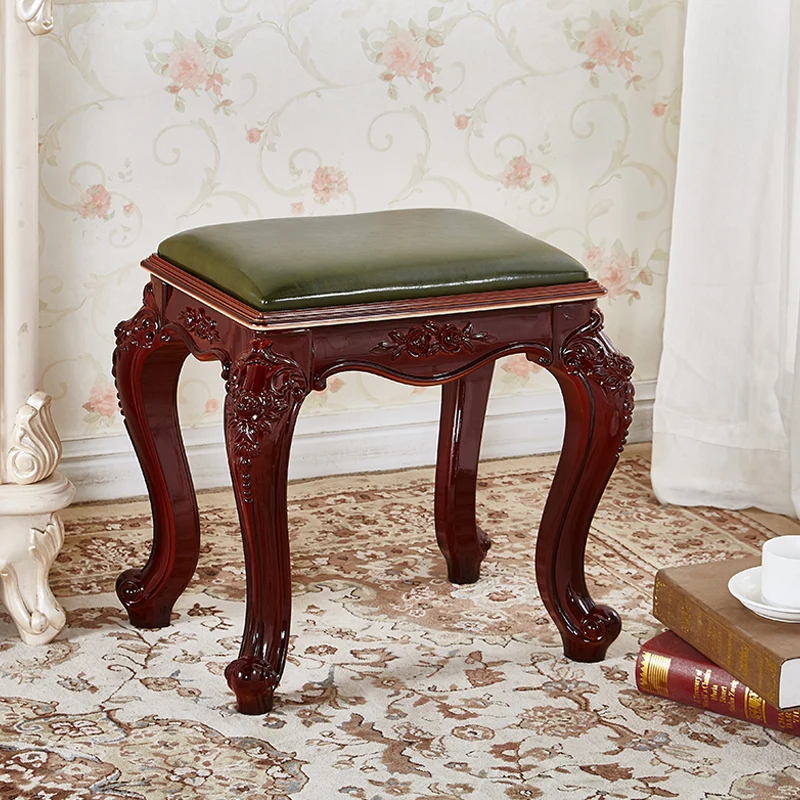 Traditional Vintage Carved Pattern Rectangle ABS Resin Microfiber Leather Velvet Low Stool For Living Room
