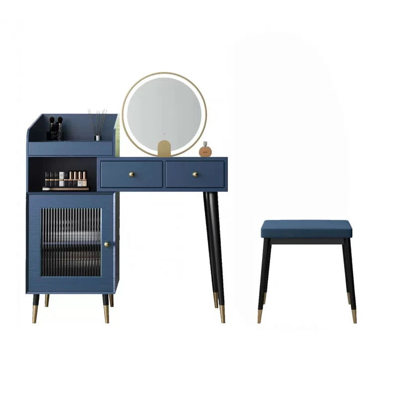 Contemporary Solid Wood Vanity Dressing Table with Mirror and Stool