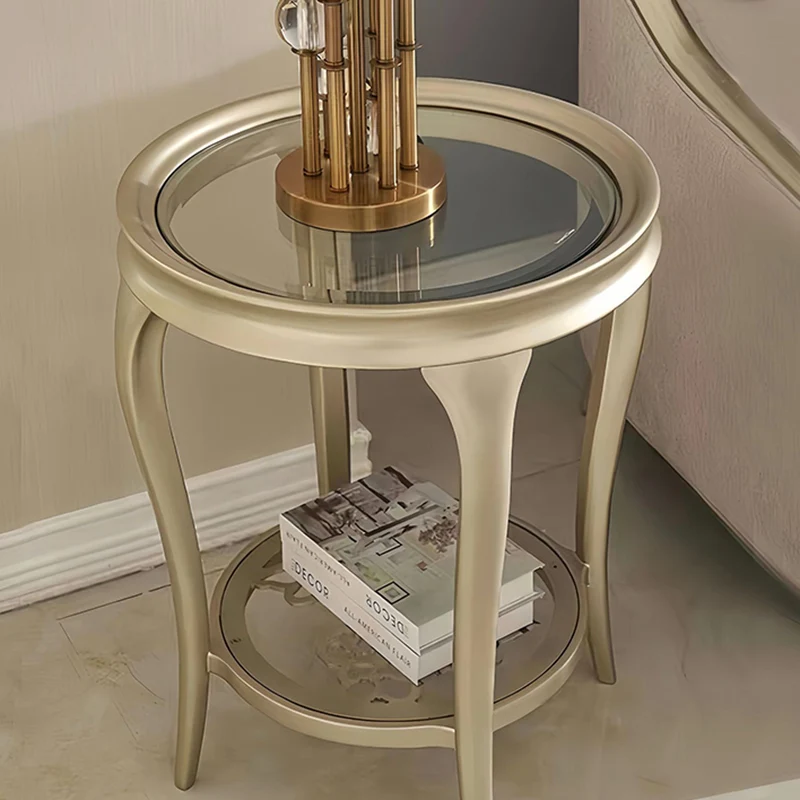 Traditional European Reinforced Glass Wood Round Openwork Carved Coffee Table 2-Tier For Living Room