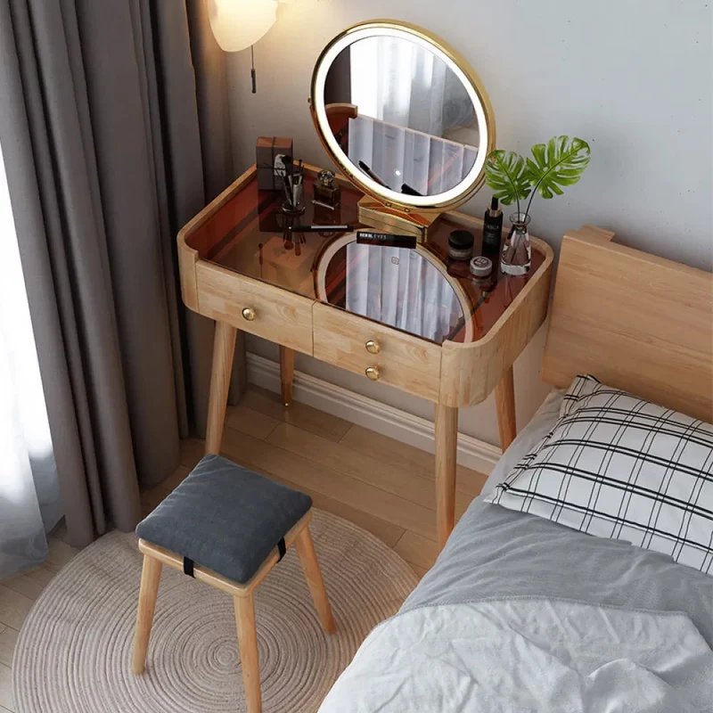 Modern Drawers Dressing Table Solid Wood Dresser Mirrored Vanity Set