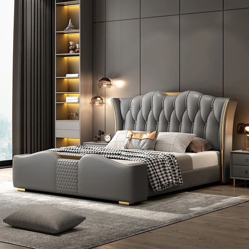 Glam wood Standard Bed Faux Leather Bed Frame with Upholstered Headboard for Bedroom