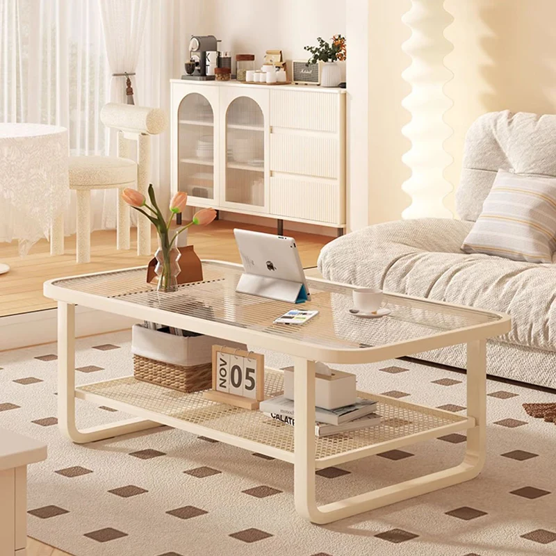 Modern Minimalist Rectangular Round Corner Glass Iron Frame Coffee Table 2-Tier For Living Room
