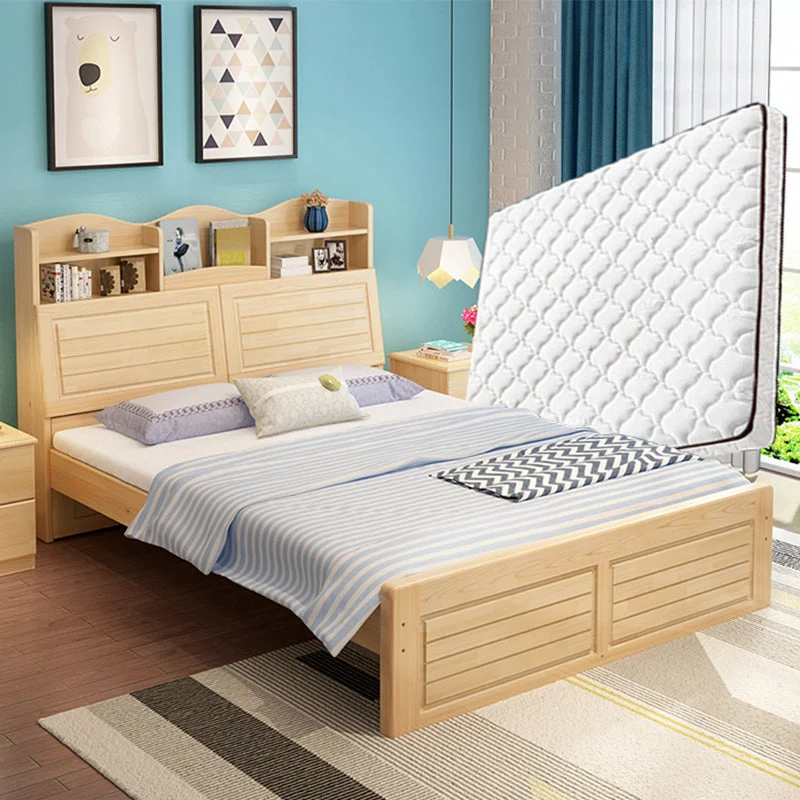 Solid Wood Bed Frame Headboard Standard Bed with Storage in Light Brone