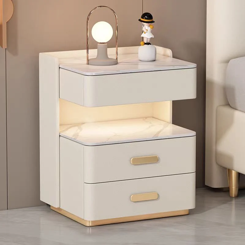 Contemporary Nordic Square Cube Pine Faux Leather Rock Board Sensor Light Safe Nightstand 3 - Drawer For Bedroom