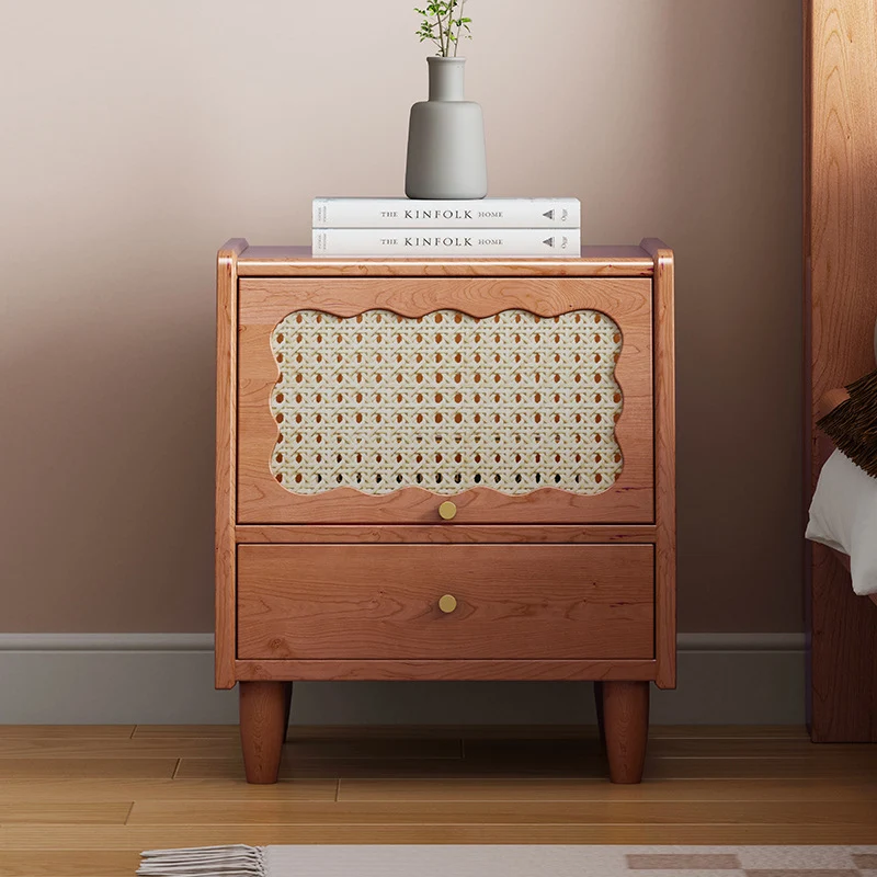 Traditional Vintage Trapezoidal Rubberwood Rattan Pine Plywood Nightstand 1-Storage 1-Drawer For Bedroom