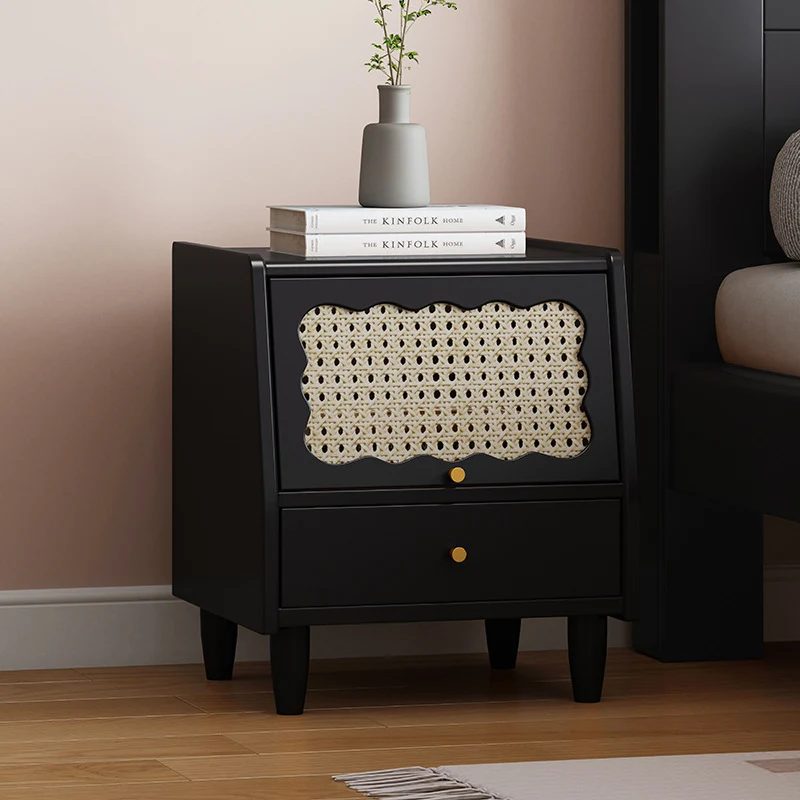 Traditional Vintage Trapezoidal Rubberwood Rattan Pine Plywood Nightstand 1-Storage 1-Drawer For Bedroom