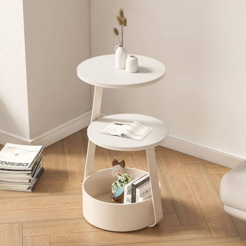 Modern Minimalist Cream Round Rock Slab Iron Coffee Table 2-Tier 1-Storage For Living Room