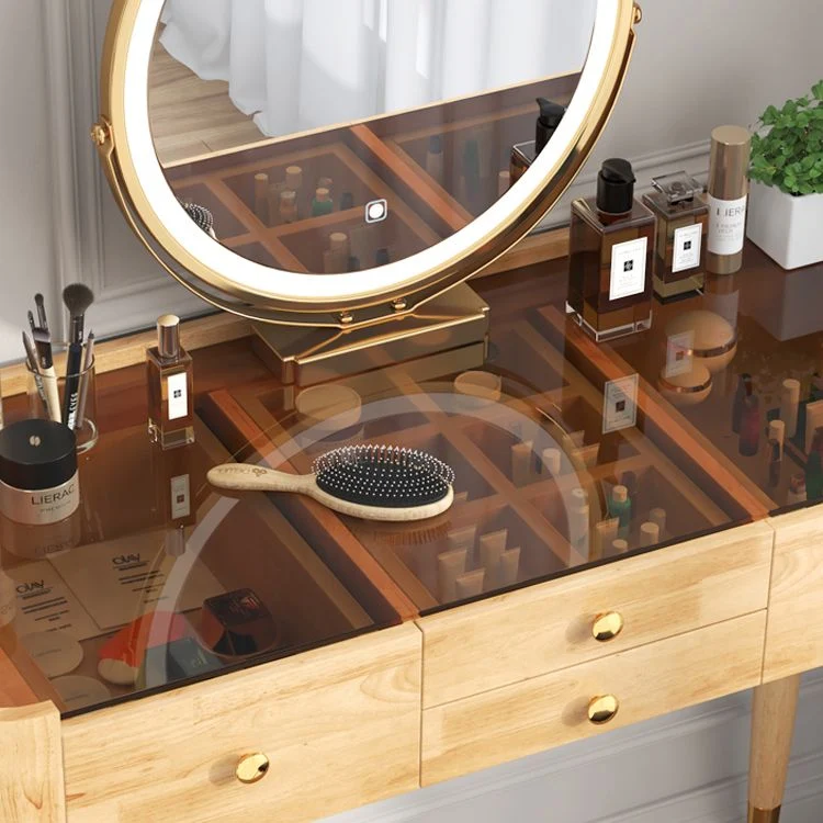Contemporary Drawers Dressing Table Solid Wood Dresser Mirrored Vanity Set